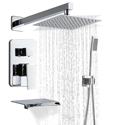 Chrome Shower Faucet Set with Tub Spout 10 Inch Shower Head | Tub and Shower Faucet Combo, Rain Shower and Handheld Shower System Square Wall Mount for Bathroom - color: Chrome, style: 10 Inch