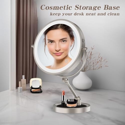 Tabletop Makeup Mirror with Built-in Vanity Tray, 9" Rechargeable 4000mAh Lighted Vanity Mirror 1X/10X Magnification, Height-Adjustable Arm, 3 Color Dimmable (9Inch Nickel) - color: 9inch Nickel