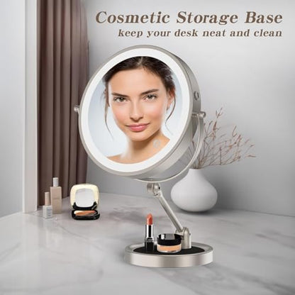 Tabletop Makeup Mirror with Built-in Vanity Tray, 9" Rechargeable 4000mAh Lighted Vanity Mirror 1X/10X Magnification, Height-Adjustable Arm, 3 Color Dimmable (9Inch Nickel) - color: 9inch Nickel