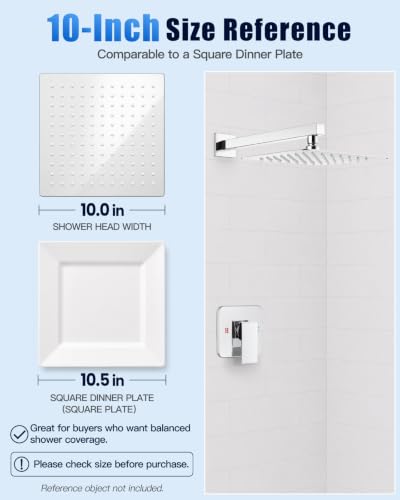 Heyalan 10 Inch Square Rain Shower Faucet Set with Valve, Polished Chrome | Female-thread 1/2-inch NPT connections, SUS304 shower head, brass rough-in valve, single-handle control Shower Set - color: Chrome, size: 10 Inch Square Shower Head