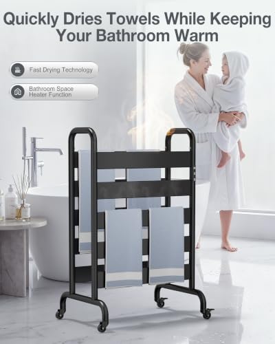 Freestanding Heated Towel Rack 10-Bar with Double Layer & Wheels | 400W Fast Heating Towel Warmer with 110–170°F Temperature Control, Timer & Auto Shut-Off, Matte Black Space Aluminum
