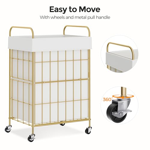 90L Laundry Hamper with Wheels, Laundry Basket with Handle and Liner Bag | Lockable Casters; Reinforced Frame; Breathable Fabric; Space-Efficient Design - color: Golden+White, size: 90L-1 Section