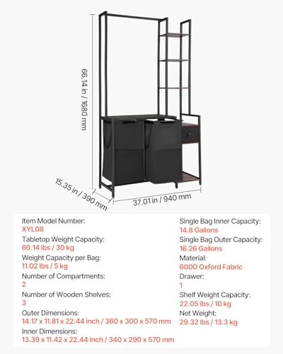 VEVOR 3 Tiers Laundry Sorter with Rack, Tall Laundry Hamper with Shelves and Drawers, 2 Section Freestanding Hanging Rack Storage with 600D Oxford Cloth Bags and Ladder Shelves for Dirty Clothes