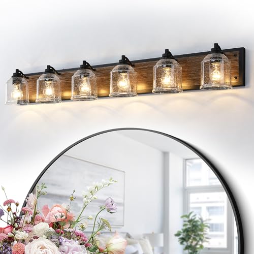 6-Light Vanity Lights for Bathroom Large 48" with Bubble Glass Shade | Farmhouse Rustic style, Hand-Painted Brown Wood-Grain Metal Backplate, E26 Ceramic Socket, UL&ETL, Mount up/down, over mirror - color: Brown, size: 6-Light