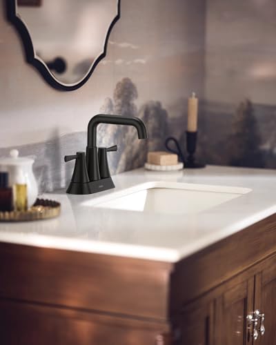 Moen Ronan Matte Black Two-Handle 4 in. Centerset Modern Double Bend Bathroom Faucet with Push-Down Drain, 84025BL - color: Matte Black, style: 2-Handle Centerset