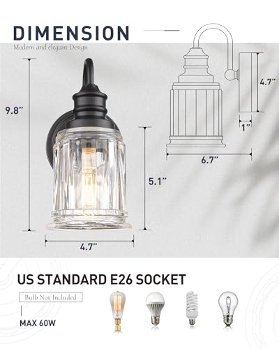 HWH Wall Sconces Set of 2, 1-Light Matte Black Bathroom Light Fixtures, Modern Single Vanity Light Wall Lamp with Bell-Shaped Clear Glass, 5HZG106B-2 BK - color: Black, size: 1-Light *2