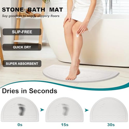 Elfcool Stone Bath Mat Diatomaceous Earth Shower Mat Non Slip Quick Dry Bath Stone Mat Super Absorbent Bathroom Floor Mat for Bathroom Kitchen Counter (Off White-Half Round-Birds) - color: Off White-half Round-birds
