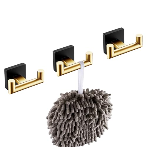 KOKOSIRI Robe Hooks Bath Towel Hooks Bathroom Hardware Double Coat Hooks Wall Mounted, Stainless Steel 3 Pack Black with Gold B1015GDK-P3 - color: Black Gold, size: 3 Pack
