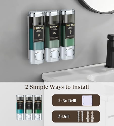 Luxspire Shampoo and Conditioner Dispenser, Shower Soap Dispenser 3-Chamber | Lockable Large Capacity 900ml No-Drill Wall-Mounted Shampoo and Body Wash Dispenser for Bathroom Hotel Kitchen Airbnb - color: Silver, size: 3 Chamber