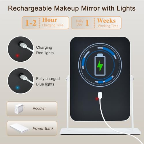 YEKKOPT Small Desk Mirror with Lights, Lighted Makeup Mirror with Light, Portable Tabletop Make Up Mirror for Desk, Vanity Mirror with Lights,Smart Touch Control, Dual Power Supply, 360°Rotation - size: 11"L x 9"W