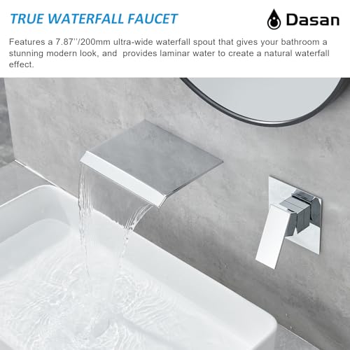 DASAN Wall Mount Waterfall Bathroom Faucet Polished Chrome in Wall Sink Faucet, Single Handle Wall Mounted Modern Faucet for Bathroom with Upgraded Rough in Valve, DA-TFD3CH-NH - color: Polished Chrome