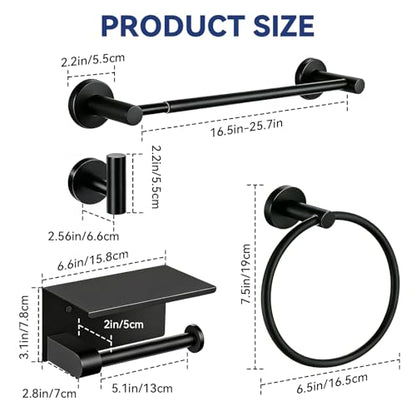 5Pcs Bathroom Hardware Set, Matte Black Bathroom Accessories Set with 24" Towel Bar, Upgraded Toilet Paper Holder with Shelf, Towel Ring & 2 Robe Hooks, Wall Mounted Stainless Steel Bath Hardware Set