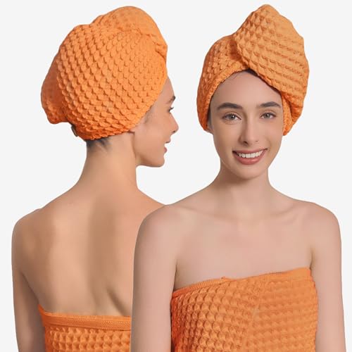 Luxury Organic Japanese Cotton Hair Drying Waffle Towel Wrap for Women | Absorbent, Quick-Dry Head Turban for Shower, Sauna, Spa | Extra Large for Long, Curly, Straight Hair With Button (Orange, 1 Pc) - color: Coral Orange, style: Hair Towel