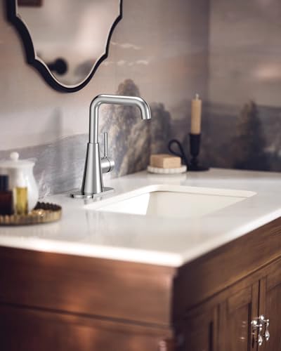Moen Ronan Chrome Double Bend Single Hole Modern Bathroom Sink Faucet with Optional Deckplate and Spring Loaded Drain Assembly, 84024 - color: Chrome, style: Single Handle