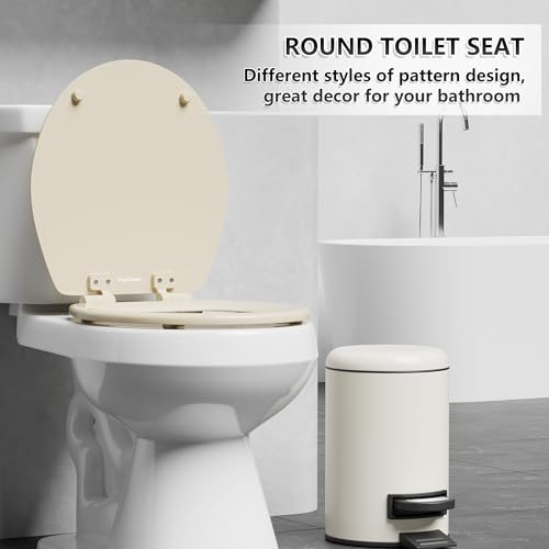 Angol Shiold Slow Close Wood Toilet Seat（Bone, Round 16.5''） | Durable enameled wood round toilet seat, adjustable non-slip hinges, anti-pinch bumpers, easy to install and clean