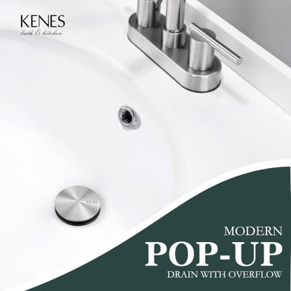 KENES Brushed Nickel Bathroom Sink Drain Pop Up Sink Drain with Overflow | Bathroom Vanity Sink Drain Assembly, Built-in Anti-Clogging Strainer, Plastic Pop Up Drain for Bathroom Vanity Lavatory Sink