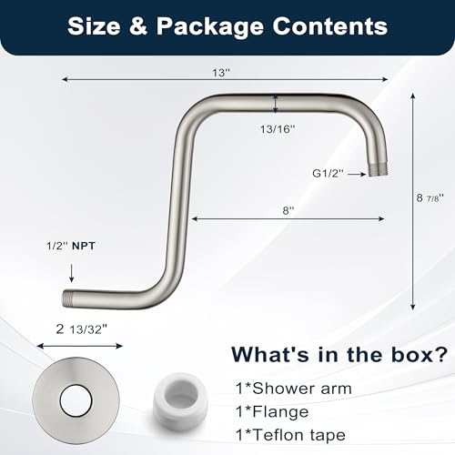 BRIGHT SHOWERS 13 Inch Shower Head Extension Arm with Flange S Shaped High Rise Extender, Long Stainless Steel Rainfall Shower Head Pipe Arm, Brushed Nickel - color: Brushed Nickel, style: S-Shape 13 Inch