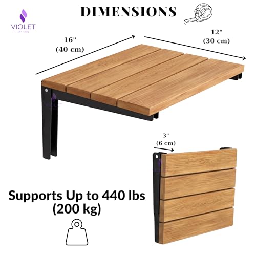 Folding Natural Color Solid Teak Wood Shower Seat, Foldable Shower Bench, Wall Mounted Folding Wooden Shower Stool, Inside Shower Handmade Fold Down Bath Seat