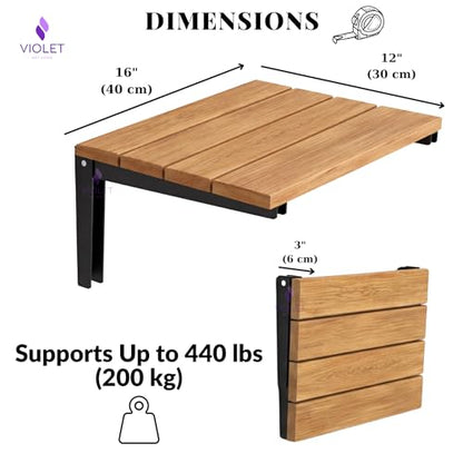 Folding Natural Color Solid Teak Wood Shower Seat, Foldable Shower Bench, Wall Mounted Folding Wooden Shower Stool, Inside Shower Handmade Fold Down Bath Seat