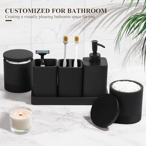 Bathroom Accessories Set, 6 Piece Soap Dispenser Set - Matte Black | Bathroom Set with Toothbrush Holders, Soap Dispenser, Vanity Tray, Tumbler, Cotton Swab Jars, Bathroom Organizer and Storage - color: Black