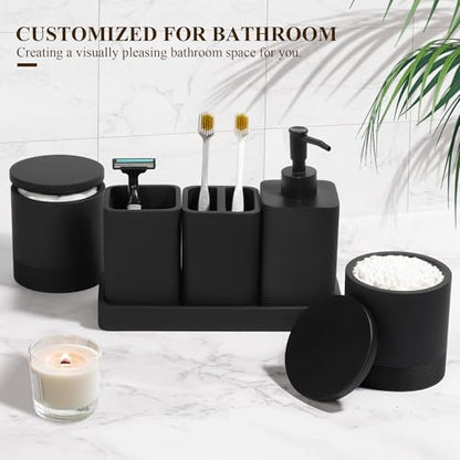 Bathroom Accessories Set, 6 Piece Soap Dispenser Set - Matte Black | Bathroom Set with Toothbrush Holders, Soap Dispenser, Vanity Tray, Tumbler, Cotton Swab Jars, Bathroom Organizer and Storage - color: Black