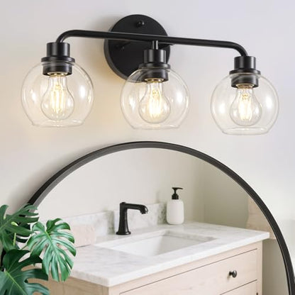 Bathroom Light Fixtures Black Vanity Light, 3 Light Modern Wall Sconces Lighting Bathroom Lights with Globe Clear Glass Shades, Bath Wall Lights Wall Lamp for Mirror Kitchen Living Room Hallway | Wall Sconces Lighting with Globe Clear Glass Shades, Bath W