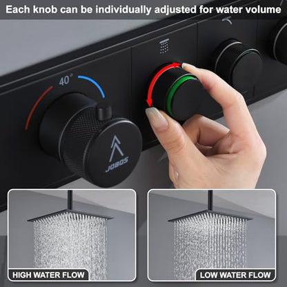 Shower System Brass Thermostatic Shower Faucet Set With Valve and Diverter Shower Mixer With Rain Head and Handheld High Pressure Square Rainfall - color: Matte Black, style: 12+6'' Wall Mount Thermostatic Valve