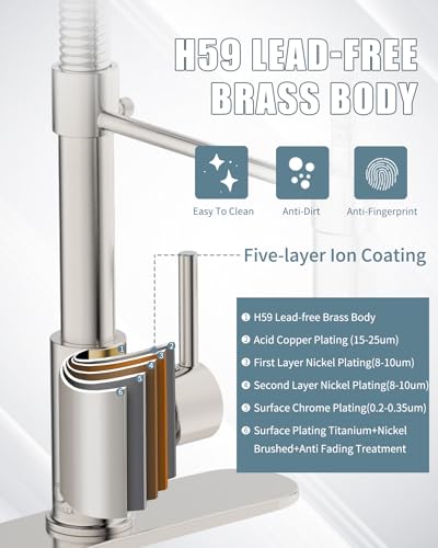 Kitchen Faucet Set, Commercial Kitchen Sink Faucets with Pull Down Sprayer and Soap Dispenser, Stainless Steel Faucets for Kitchen Sinks, Single Handle Spring Faucet with Deck Plate - color: B-Brushed Nickel, style: Contemporary