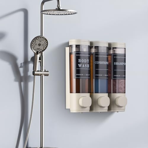 Shampoo and Conditioner Dispenser,Shower Dispenser 3 Chamber No Drilled Shampoo Dispenser for Shower Wall Mounted Body Wash for Bathroom Kitchen Hotel Large Capacity,Light Gray - color: Light Gray