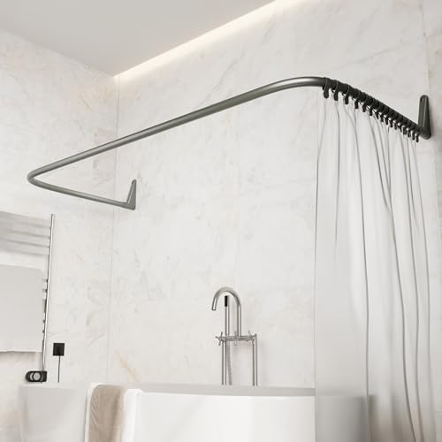 Erica Adjustable U-Shaped Shower Curtain Rod for Bathtubs - Grey | Size - 27x65x27 cm, Wall Mounted Shower Pole, No Need to Fix to the Ceiling, Curved Shower Rail, Grey Powder Coated Steel - color: Glossy Grey, size: 4 in 1 L & U shape (27,5 x 65 x 27,5 I