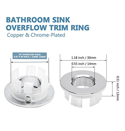 3 Pack Sink Overflow Ring, Chrome Brass Basin Drain Cover | Fits 22-25mm Overflow Hole, Tool-Free Flex Buckle Install, Anti-Aging Rust Proof, for Ceramic Bathroom Kitchen Sink - color: Chrome -- 3 Pack, style: Copper