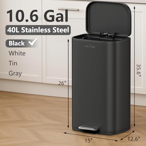mVm 10.6 Gal Kitchen Trash Can, Step Trash Can with Lid, Smooth Edge Garbage Bin for Home Office (Black) - color: Black, size: 10.6Gal