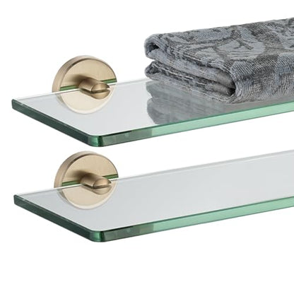 JQK Bathroom Glass Shelf, Tempered Glass Shower Storage 12 by 5 inches, 304 Stainless Steel Champagne Bronze Wall Mount 2 Pack, TGS101L12-CB-P2 - color: Champagne Bronze, size: 12 Inch (2 Pack)