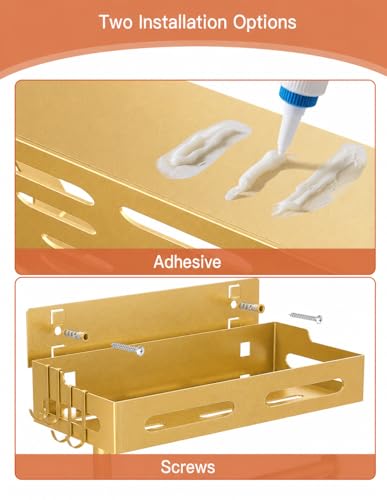 Gold Paper Towel Holder Wall Mount with Shelf, Easy One Hand Tear, Adhesive Glue or Drill Mount Hanging Paper Towel Holder with Shelf for Kitchen/Bathroom/RV, Metal, 4 Hooks - color: Golden