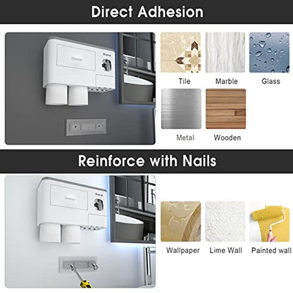 iHave Toothbrush Holders Wall Mounted with Toothpaste Dispenser & 2 Cups | All-in-One Bathroom Organizer: 2 Cups, 6 Slots, Toothpaste Dispenser, Large Tray & Drawer. Wall Mount, No Drilling Required - color: White, size: 2 cup