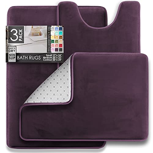 Clara Clark 3 Piece Bathroom Rugs Bath Mat Set, Velvet Memory Foam Bath Mats for Bathroom - Non-Slip, PVC Backing Bath Rugs, Washable - Dries Quickly, Purple - color: Dark Purple