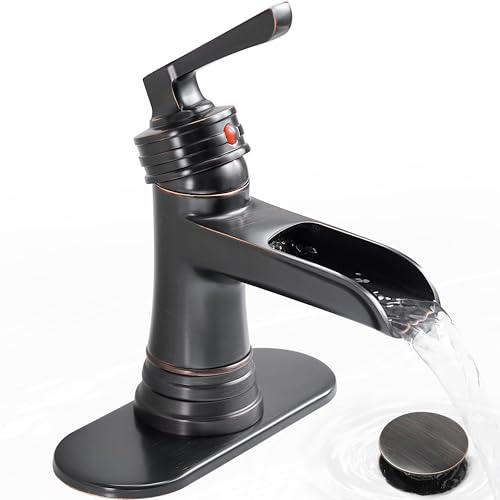 Brass Oil Rubbed Bronze Bathroom Faucet Waterfall Bathroom Sink Faucet 1 Hole or 4 Inch 3 Hole, Single Handle with Deck Plate, Pop-up Drain, cUPC Supply Lines for Vanity, 5 Mins Quick Install - color: Oil Rubbed Bronze