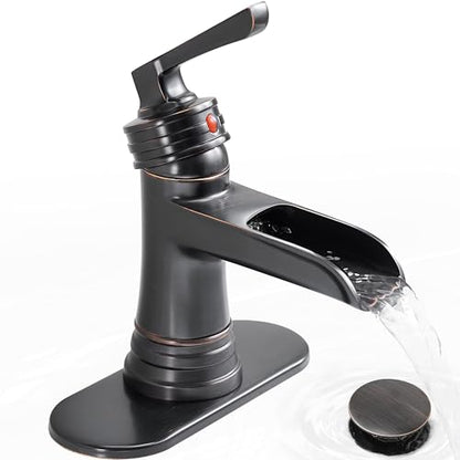 Brass Oil Rubbed Bronze Bathroom Faucet Waterfall Bathroom Sink Faucet 1 Hole or 4 Inch 3 Hole, Single Handle with Deck Plate, Pop-up Drain, cUPC Supply Lines for Vanity, 5 Mins Quick Install - color: Oil Rubbed Bronze