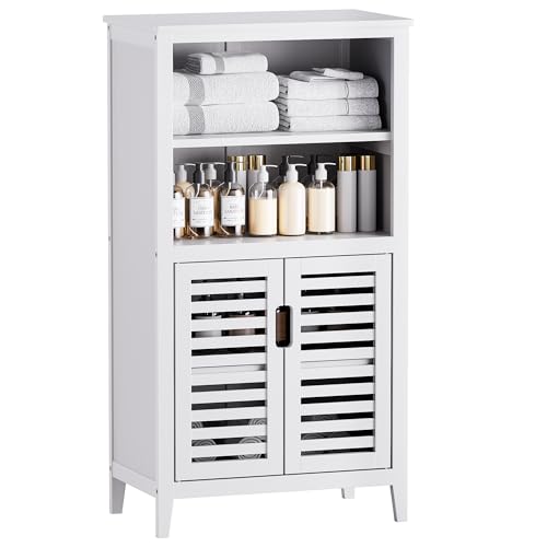 HITNET White Bathroom Cabinet, Bamboo Storage Cabinet Freestanding, Side Tall Storage Organizer for Kitchen Living Room Entryway - color: White