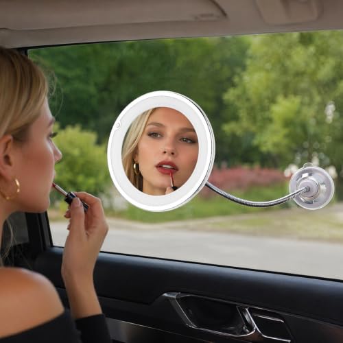 Mirror LED Lighted Mirror with Suction Cup Rotating Magnifying Makeup 10x Magnification and Adjustable Angle, 360° Free Rotation Design for Makeup in Dark or Poorly Lit Bathroom