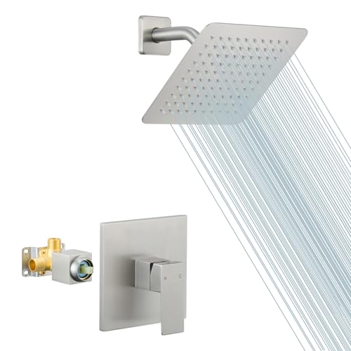 Shower Faucet Set with Valve, 8 Inch Square Rain Shower Head,Brushed Nickel | SUS304 Stainless Steel, Brass Rough-in Valve, Single Handle, Air Pressure Boost, Shower Trim Kit, Male Threads - color: Brushed Nickel