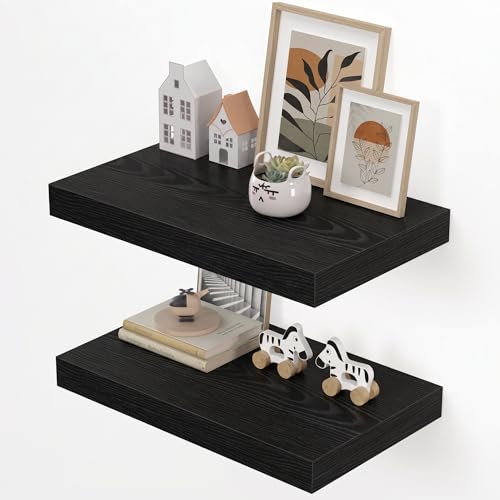 Dreamland 20" Floating Shelves for Wall, 12" Deep Thicker Black Floating Shelves, Wall-Mounted Shelves for Bedroom, Living Room, Kitchen, Bathroom - Set of 2 - color: Black, size: 20"W x 12"D x 2"H, Set of 2