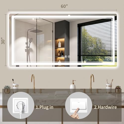 30"x60" LED Bathroom Mirror with Lights, Backlit + Front Lit, Anti-Fog, Lighted Bathroom Mirror for Wall, HD Shatterproof Tempered Glass, Dimmable, Memory Function (Horizontal/Vertical) - size: 60"L x 30"W
