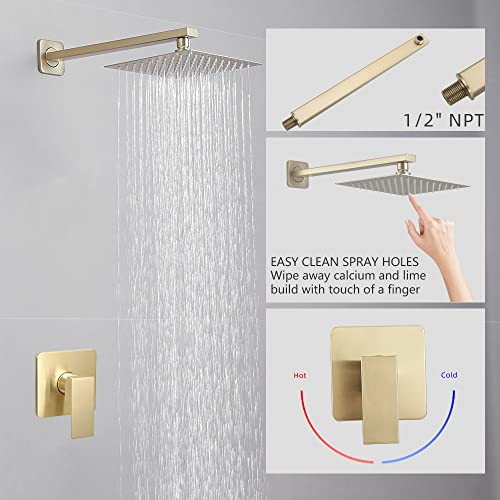 Brushed Gold Shower Faucet Set, Single Function Shower Trim Kit with Rough-in Valve, Square Rain Shower Head System Included Extra Long Shower Arm for Bathroom - color: Brushed Gold, style: Shower Faucet