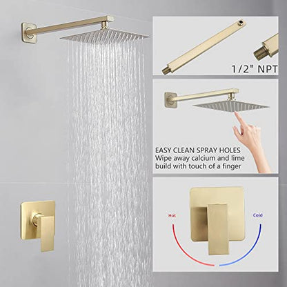 Brushed Gold Shower Faucet Set, Single Function Shower Trim Kit with Rough-in Valve, Square Rain Shower Head System Included Extra Long Shower Arm for Bathroom - color: Brushed Gold, style: Shower Faucet