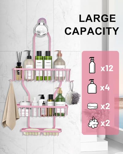 Pink Shower Caddy for Bathroom - Never Rust Hanging Shower Organizer with Soap Basket and Hooks - Large Capacity 3 Tier Aluminum Over The Showerhead Caddy - color: Pink