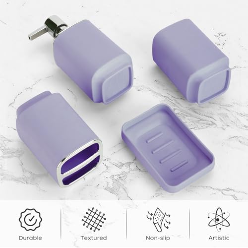 4Pcs Lavender Bathroom Set, Square Boho Soap & Toothbrush Holder Set | Thick shatterproof ABS, electroplated rust-proof pump, drip-free, multi-slot holder, dustproof lids, easy-clean - color: Lavender, size: 4PCS