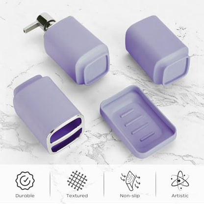 4Pcs Lavender Bathroom Set, Square Boho Soap & Toothbrush Holder Set | Thick shatterproof ABS, electroplated rust-proof pump, drip-free, multi-slot holder, dustproof lids, easy-clean - color: Lavender, size: 4PCS