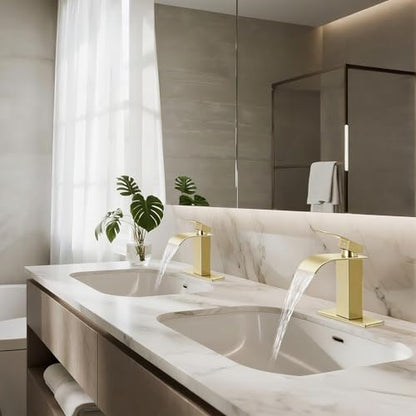 Bathroom Faucets Brushed Gold Waterfall Bathroom Sink Faucet 2 Pack | with Pop-up Drain & Deck,Supply Hoses,Single Handle Vanity Faucet,Stainless Steel,1 or 3 Hole,RV,Farmhouse Bathrooms - color: A-Brushed Gold x 2, style: Short