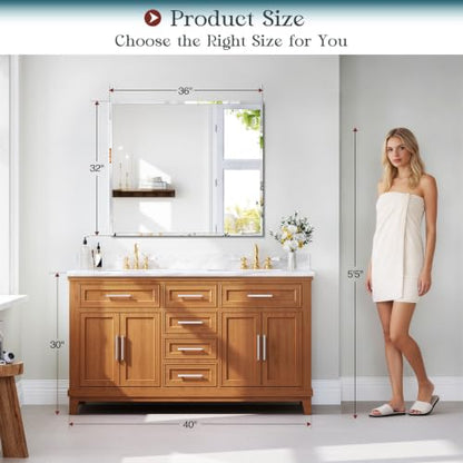 Frameless Bathroom Mirror, 32"x36" Beveled Bathroom Vanity Mirror | Wall Mount Mirrors for Bedroom Entryway Living Room Hangs Horizontally or Vertically - size: 36"L x 32"W